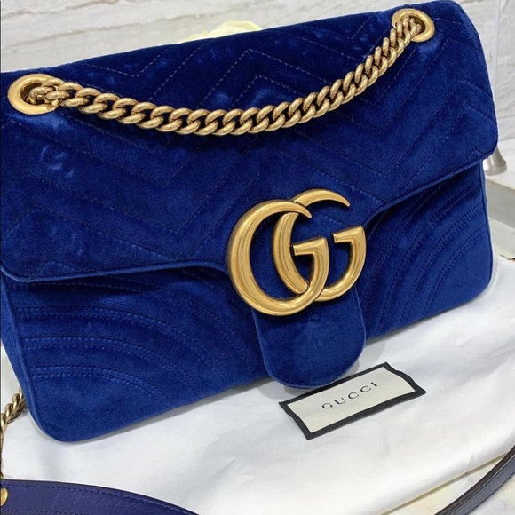 Gucci Handbags - Gucci Velvet Medium Marmont Cobalt Shoulder Bag